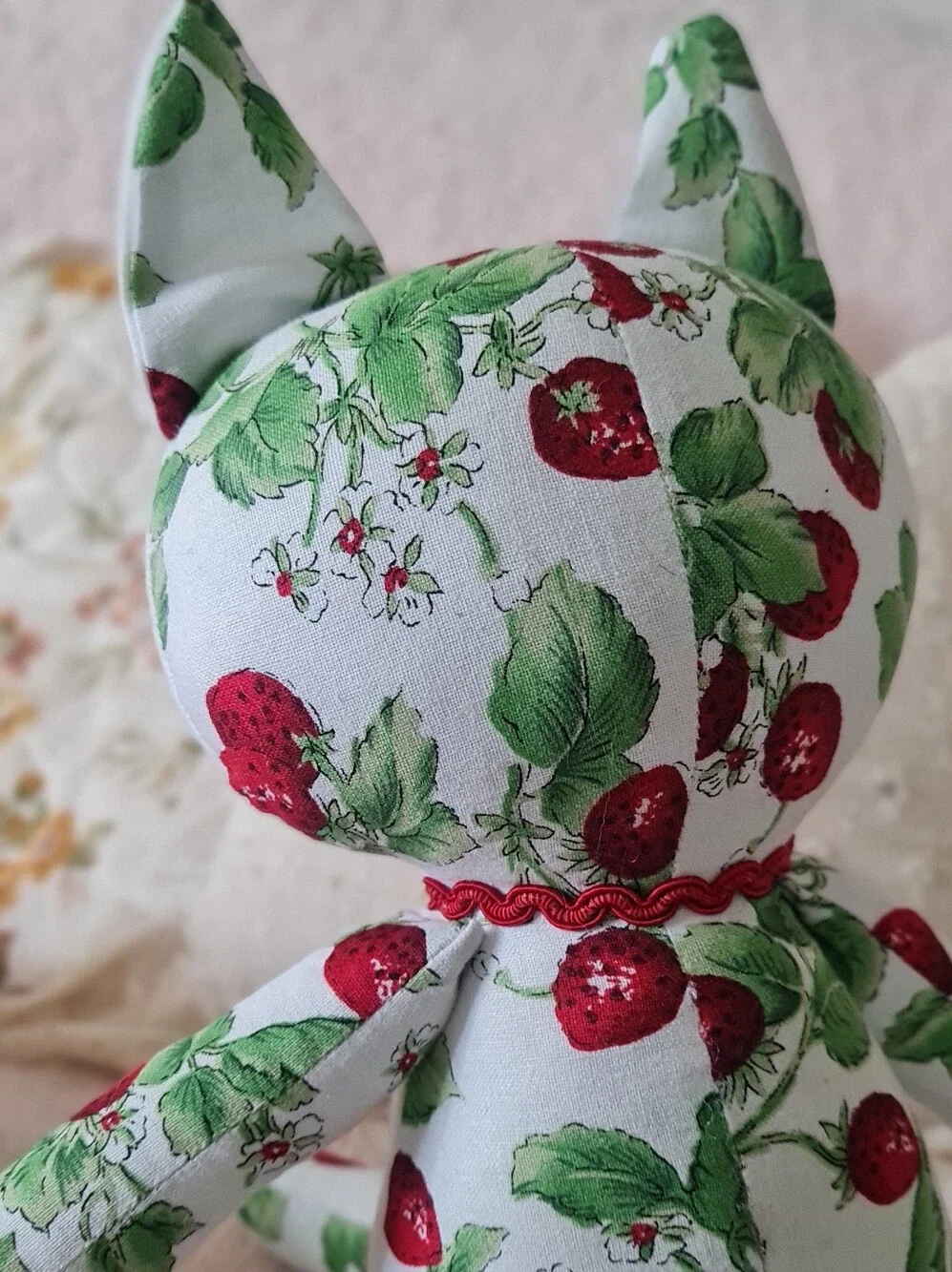 Handmade Cat Ragdolls, White with Floral Accents & Strawberry Print